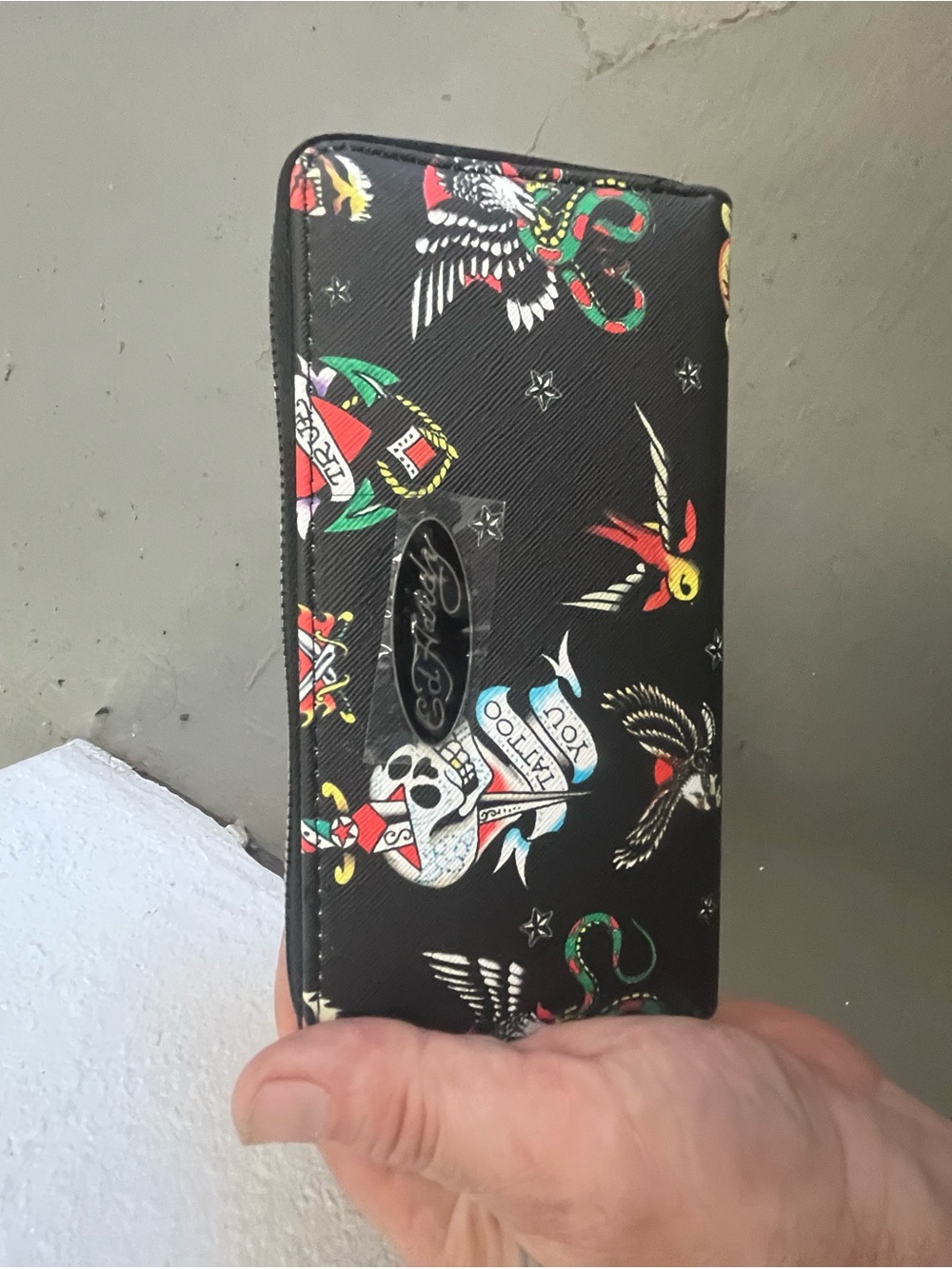 Ed Hardy Black Wallet Case with Multicolor Tattoo Motifs